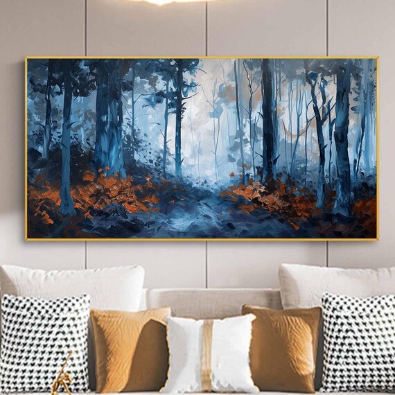 Large Original Forest Oil Painting On Blue Tree Wall Art Abstract Nature Landscape Painting Custom Modern Living Room Home Decor