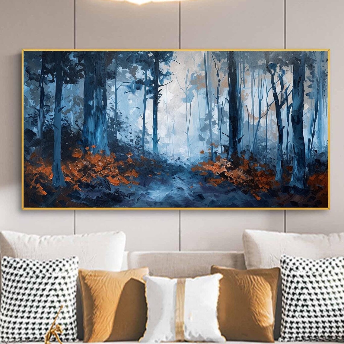 Large Original Forest Oil Painting On Blue Tree Wall Art Abstract Nature Landscape Painting Custom Modern Living Room Home Decor