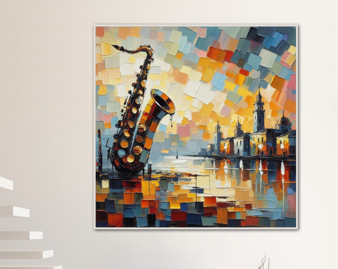 Saxophone Over Sunset Waterfront Mosaic Jazz Music Painting Poster