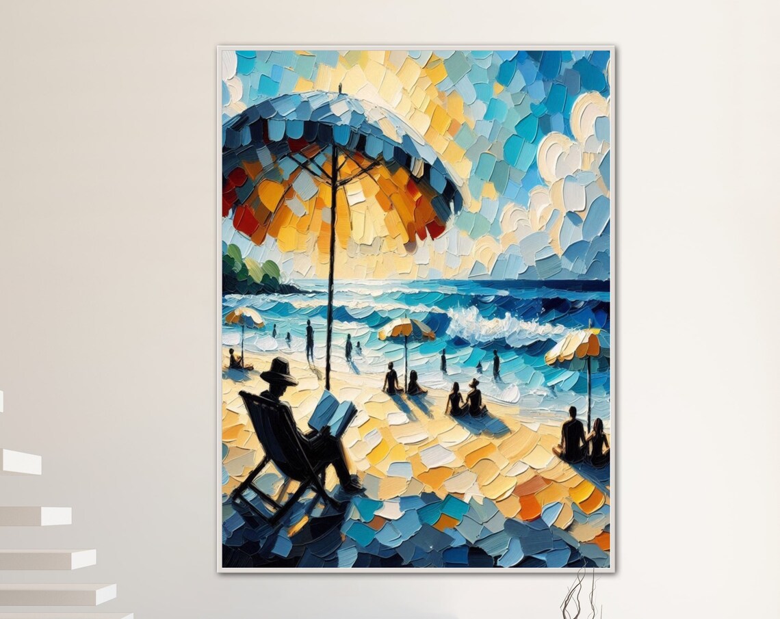 Beach Umbrella and Reader Impasto Colorful Coastal Art Poster