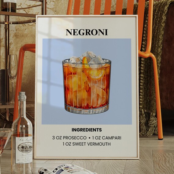 Negroni Cocktail Recipe Modern Kitchen Bar Cart Decor Poster