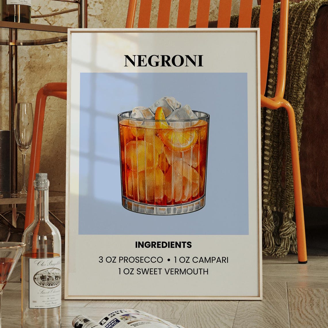 Negroni Cocktail Recipe Modern Kitchen Bar Cart Decor Poster
