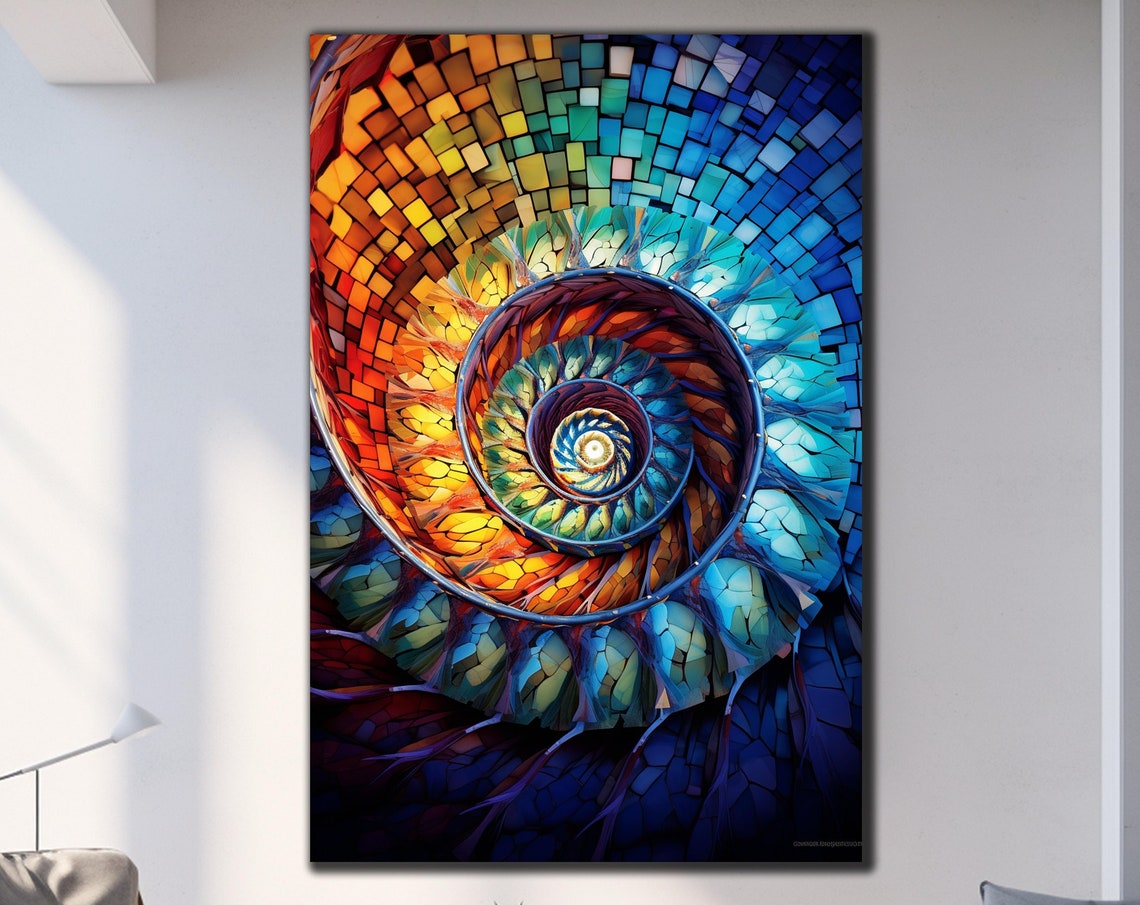 Spiral Staircase Mosaic Tile Art Blue Orange Geometric Wall Poster