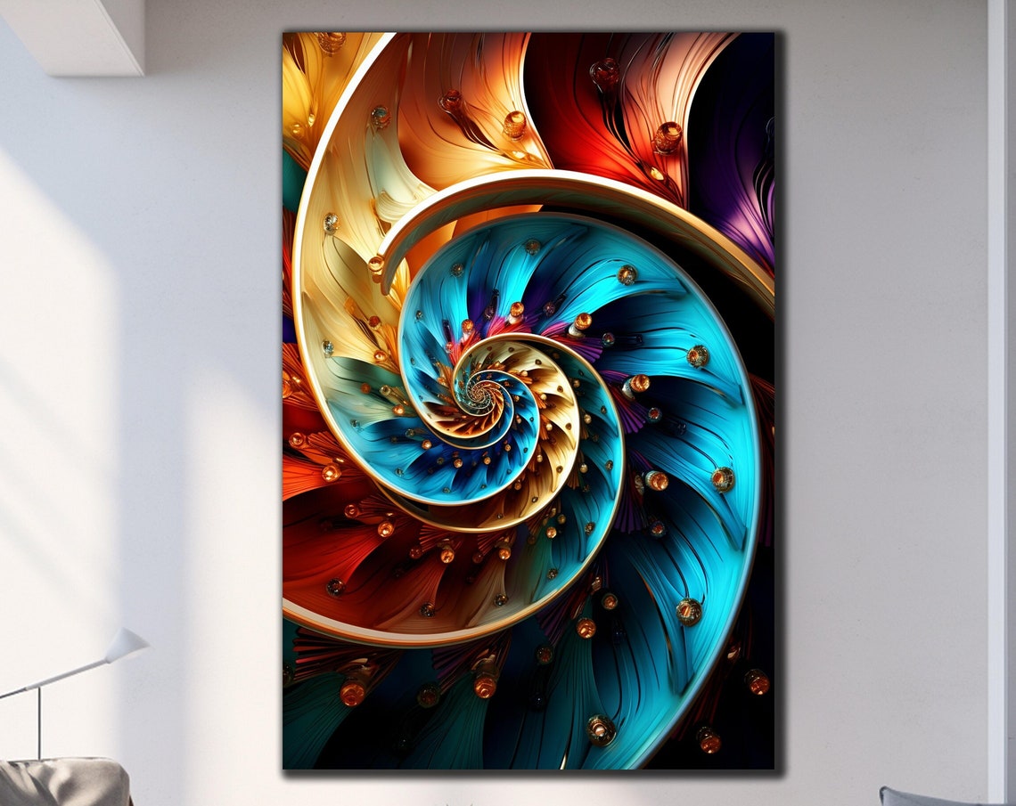 Golden Blue Spiral Fractal Art Jewel Accent Abstract Wall Art Poster