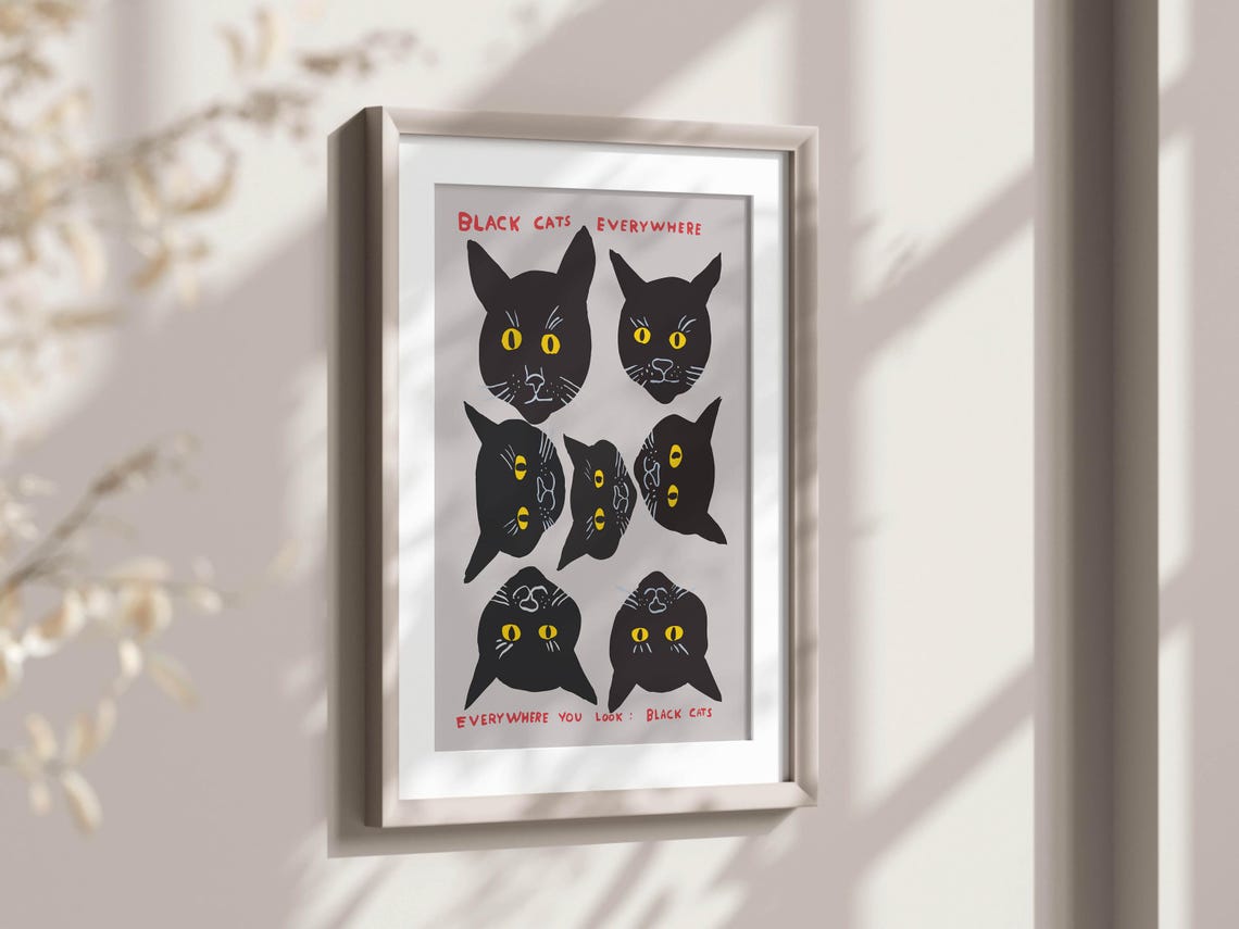 David Shrigley Black Cats Everywhere Yellow Eyed Cat Faces Poster - Image 2