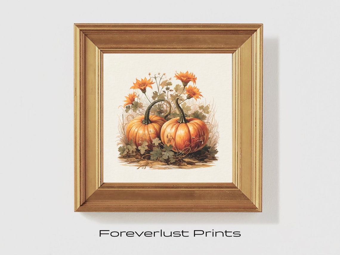 Two Pumpkins With Orange Blooms Rustic Autumn Harvest Art Poster