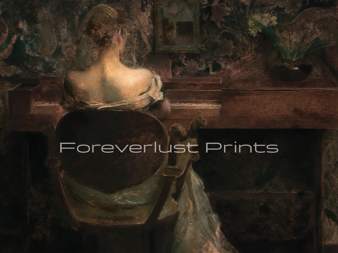 Woman Playing Piano Dark Moody Oil Painting Vintage Interior Art Print - Image 2