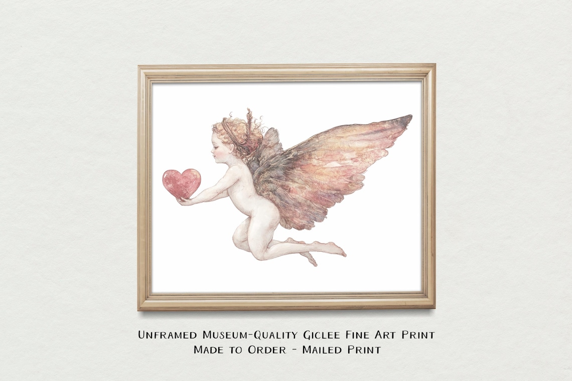 Flying Cherub Holding Pink Heart Watercolor Valentine Art Print