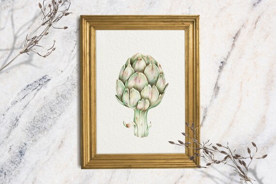 Artichoke Watercolor Botanical Kitchen Still Life French Country Wall Art Print