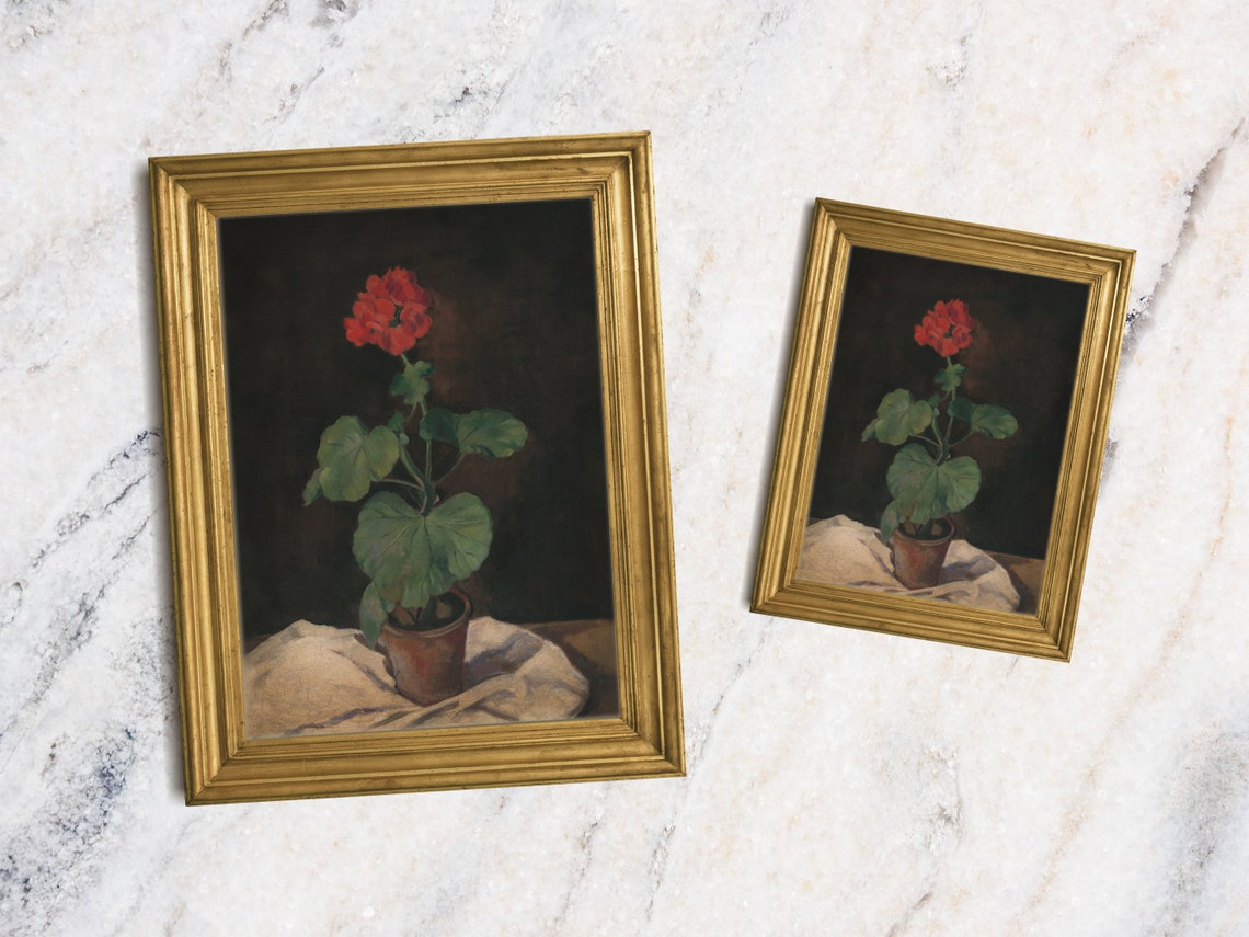 Red Geranium Potted Plant Moody Vintage Oil Painting Art Print - Image 2