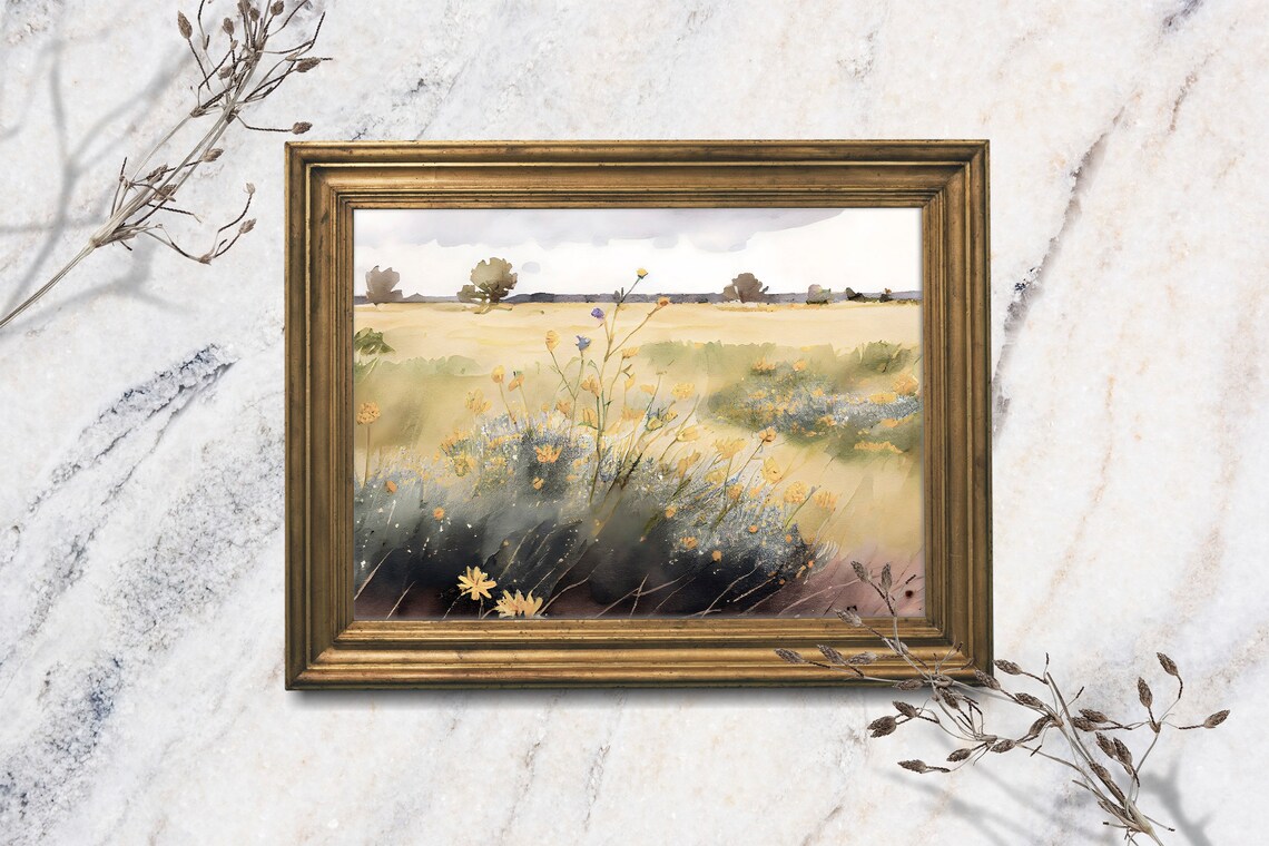 Golden Meadow Wildflowers Summer Field Watercolor Landscape Poster