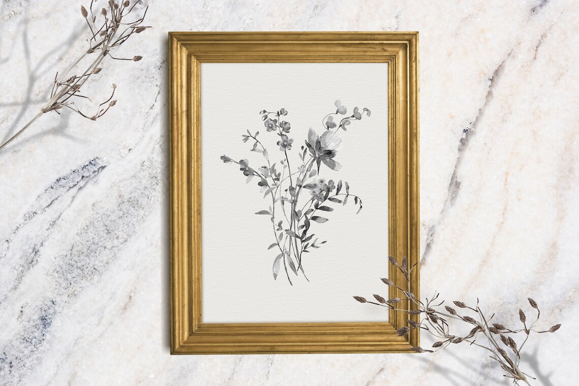 Gray Monochrome Wildflower Bouquet Watercolor Minimalist Floral Art Print