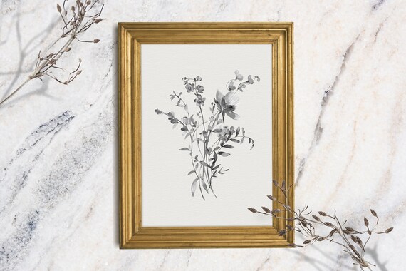 Gray Monochrome Wildflower Bouquet Watercolor Minimalist Floral Art Print