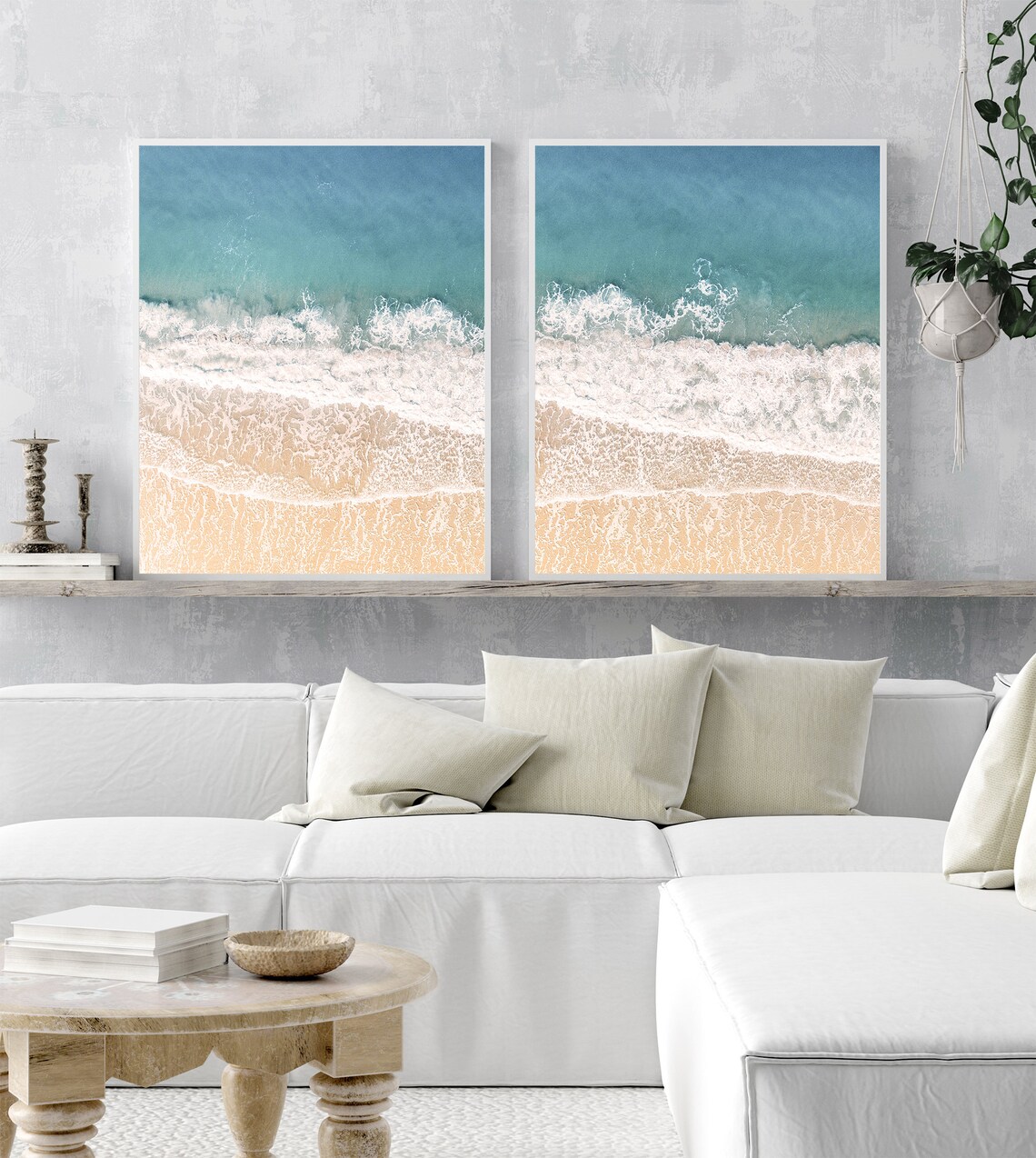 Aerial Ocean Waves Beach Set of 2 Turquoise Sea Foam Golden Sand Print - Image 3
