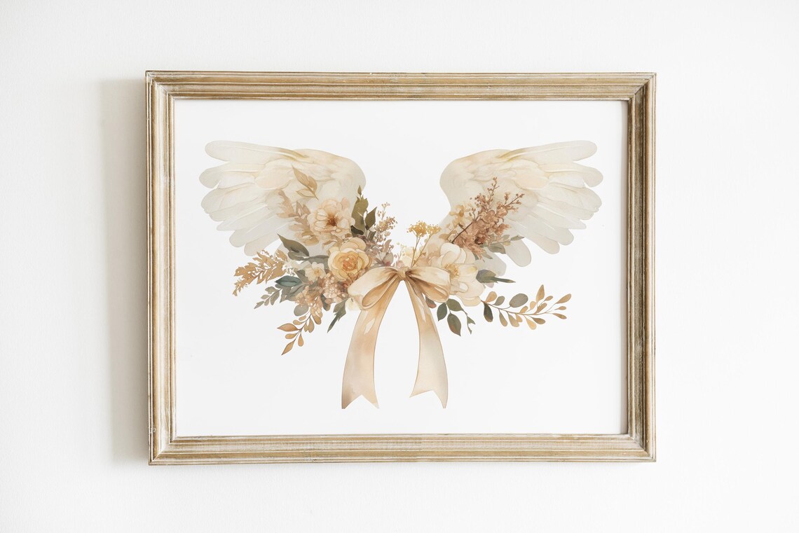 Champagne Bow Angel Wings Floral Watercolor Coquette Nursery Art Print - Image 3