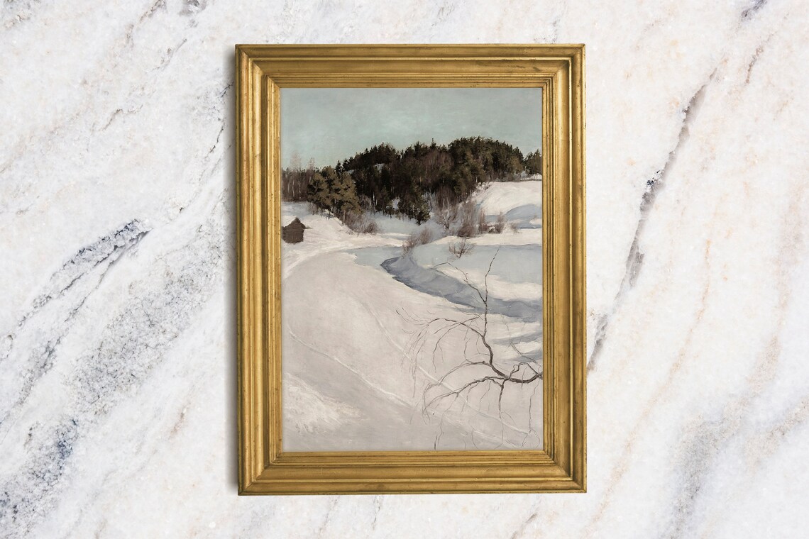 Snowy Winter Country Road Pine Trees Quiet Vintage Landscape Poster