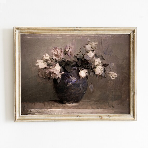 Flower Painting Wall Art Vintage Botanical Moody Still Life Print Rustic European Flowers Vase Wall Art