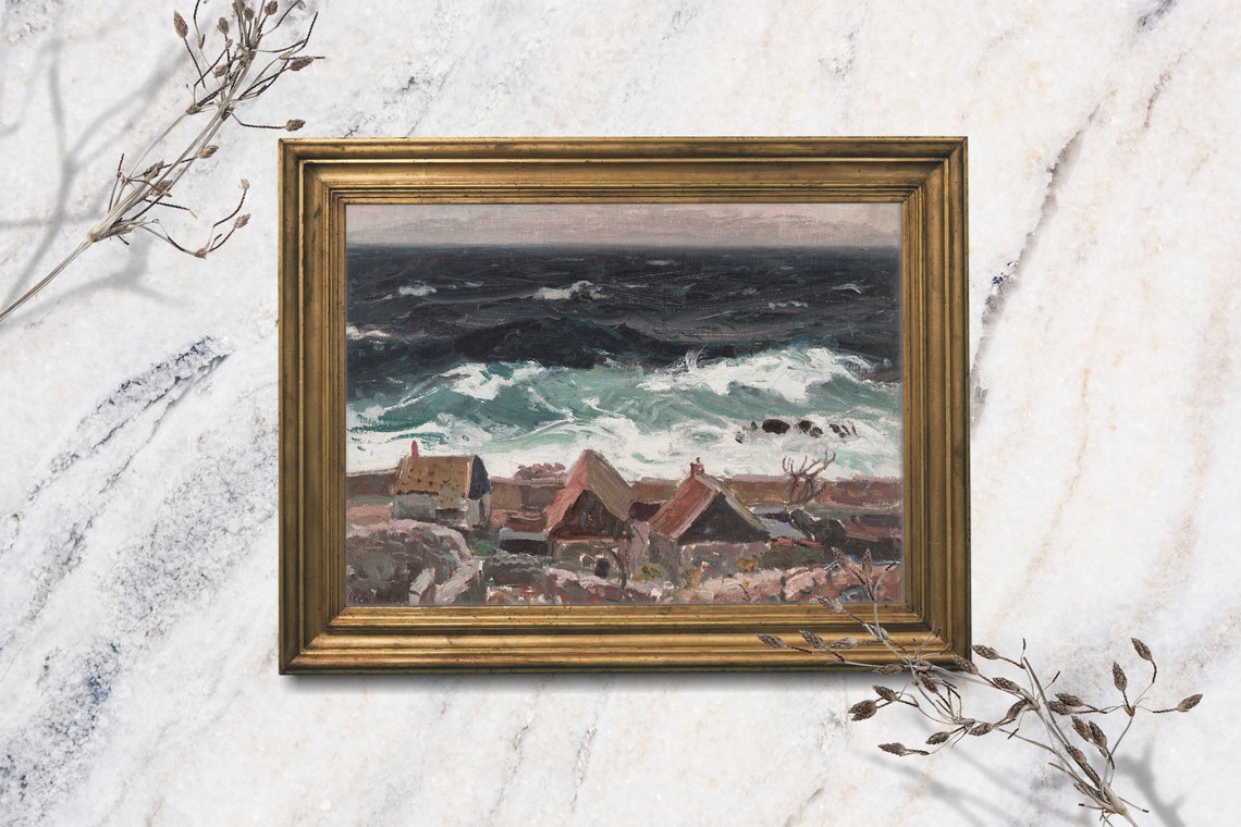 Coastal Cottage Art Print Unframed Oil Landscape Painting Vintage Beach Art Seascape Painting Small Ocean Painting Beach House Art