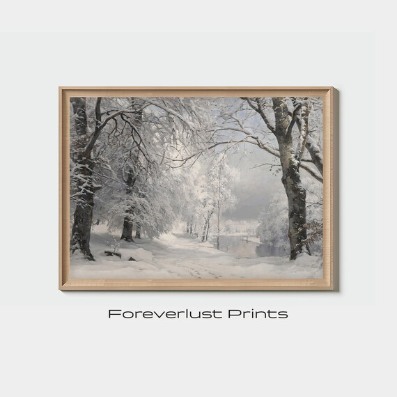 Winter Art Print Vintage Forest Painting Country Christmas Landscape Oil Painting Moody Country Scenery Minimalist Shelf Art Gift