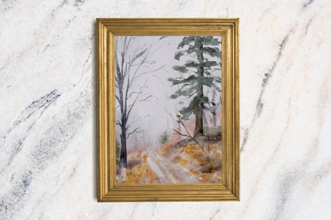 Autumn Country Road Misty Orange Foliage Watercolor Landscape Poster