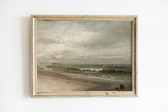 Beach Decor Vintage Print Moody Seascape Oil Painting Wall Decor Neutral Ocean Shore Nautical Coastal Farmhouse Decor