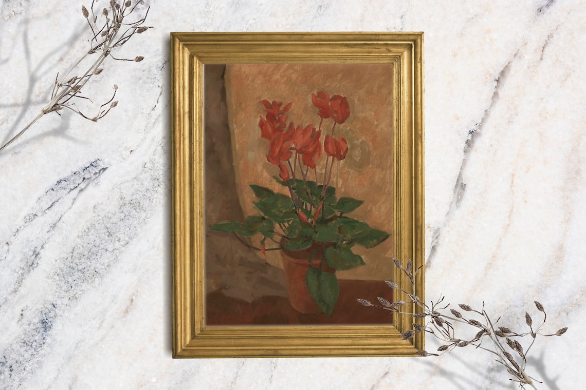 Red Cyclamen Potted Flower Vintage Oil Painting Moody Floral Art Print