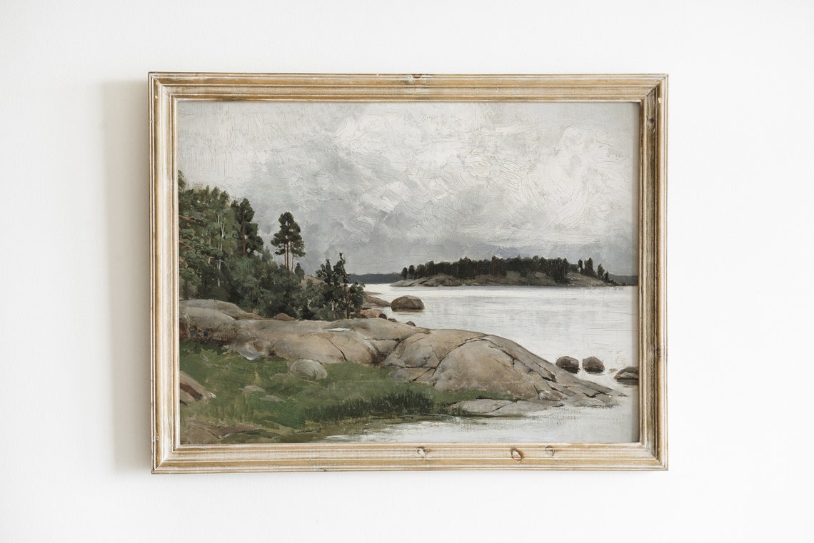 Antique Lake Painting Vintage Print Rustic Decor Lake House Cottage