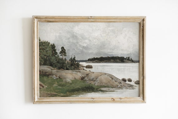 Antique Lake Painting Vintage Print Rustic Decor Lake House Cottage