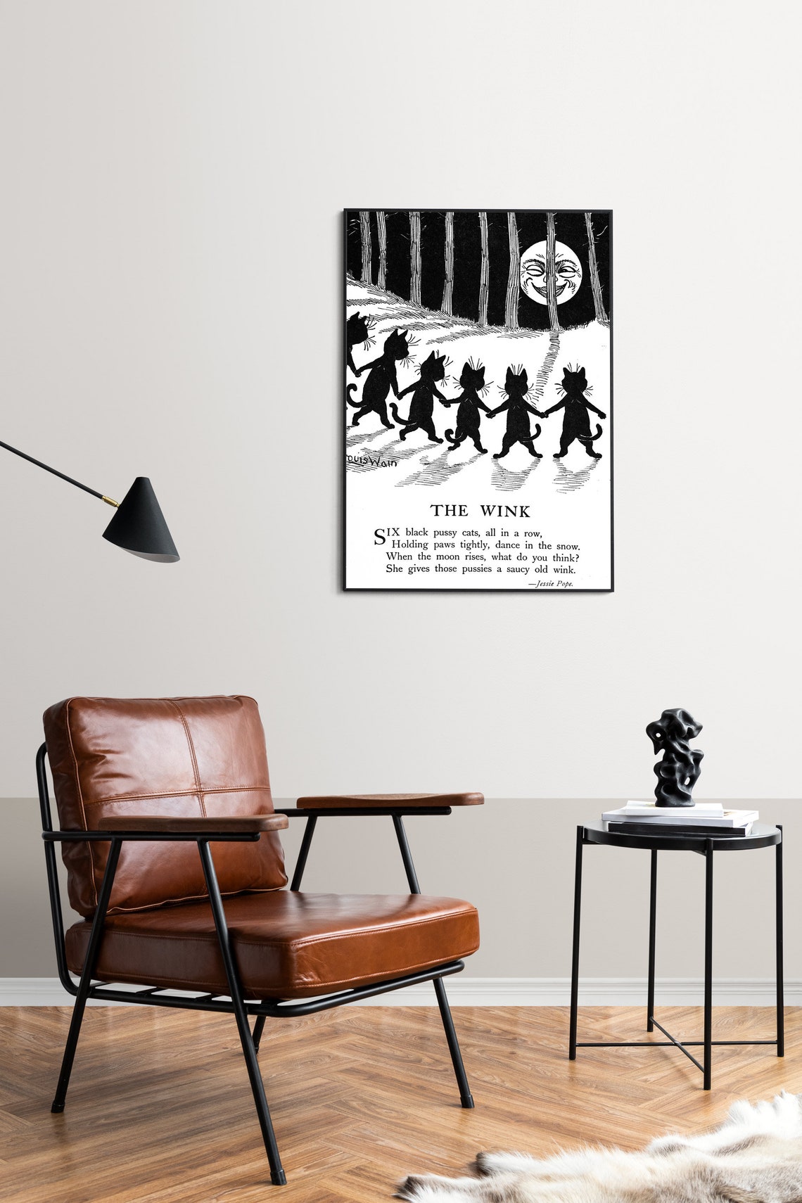Louis Wain The Wink Six Black Cats Dancing in Snow Moonlight Cat Print - Image 3