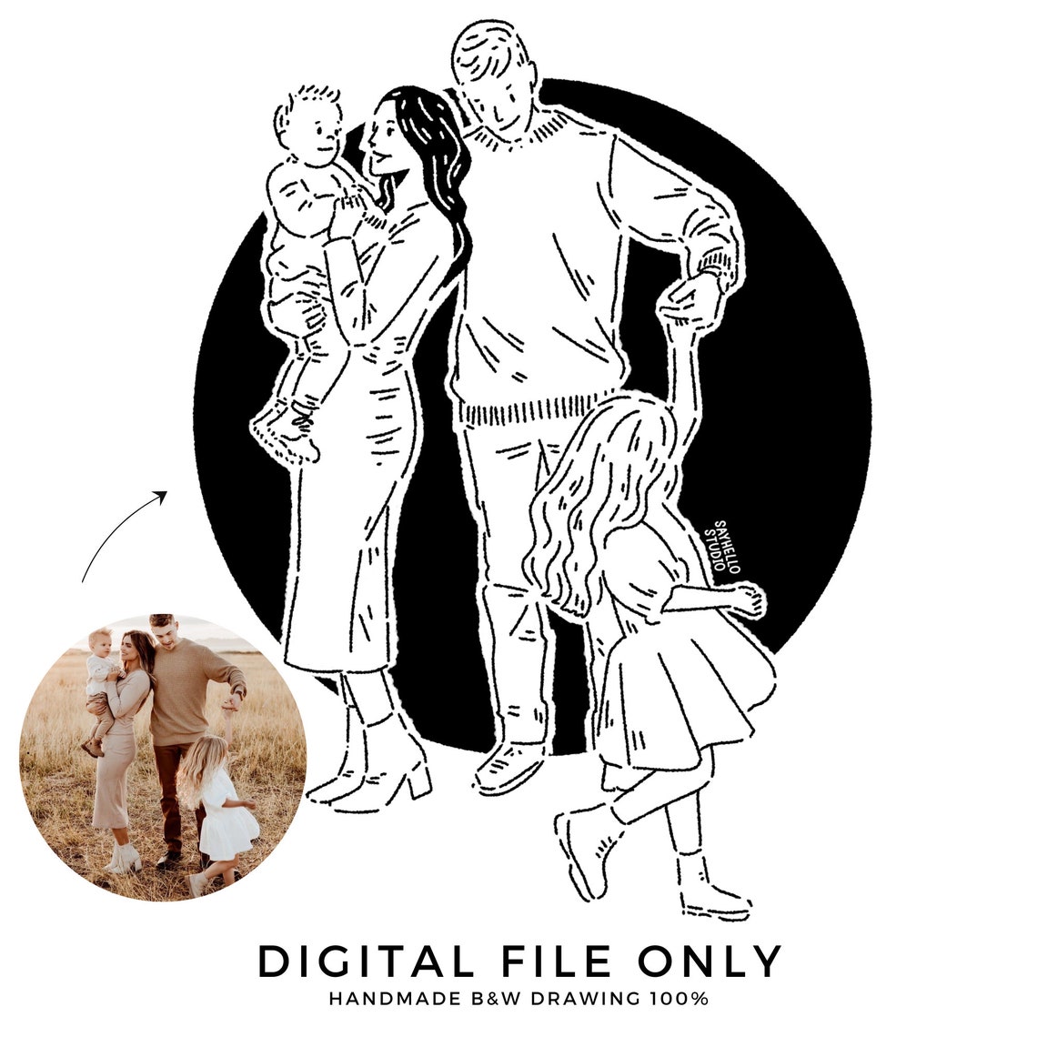 Playful Couple Black Line Art Portrait on Bold Black Circle Poster - Image 4