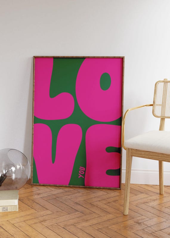 Love You Art Print Bold Retro Green And Pink Cool Apartment Art Boho Aesthetic Living Room Wall Decor Positive Above Bedroom Art Print