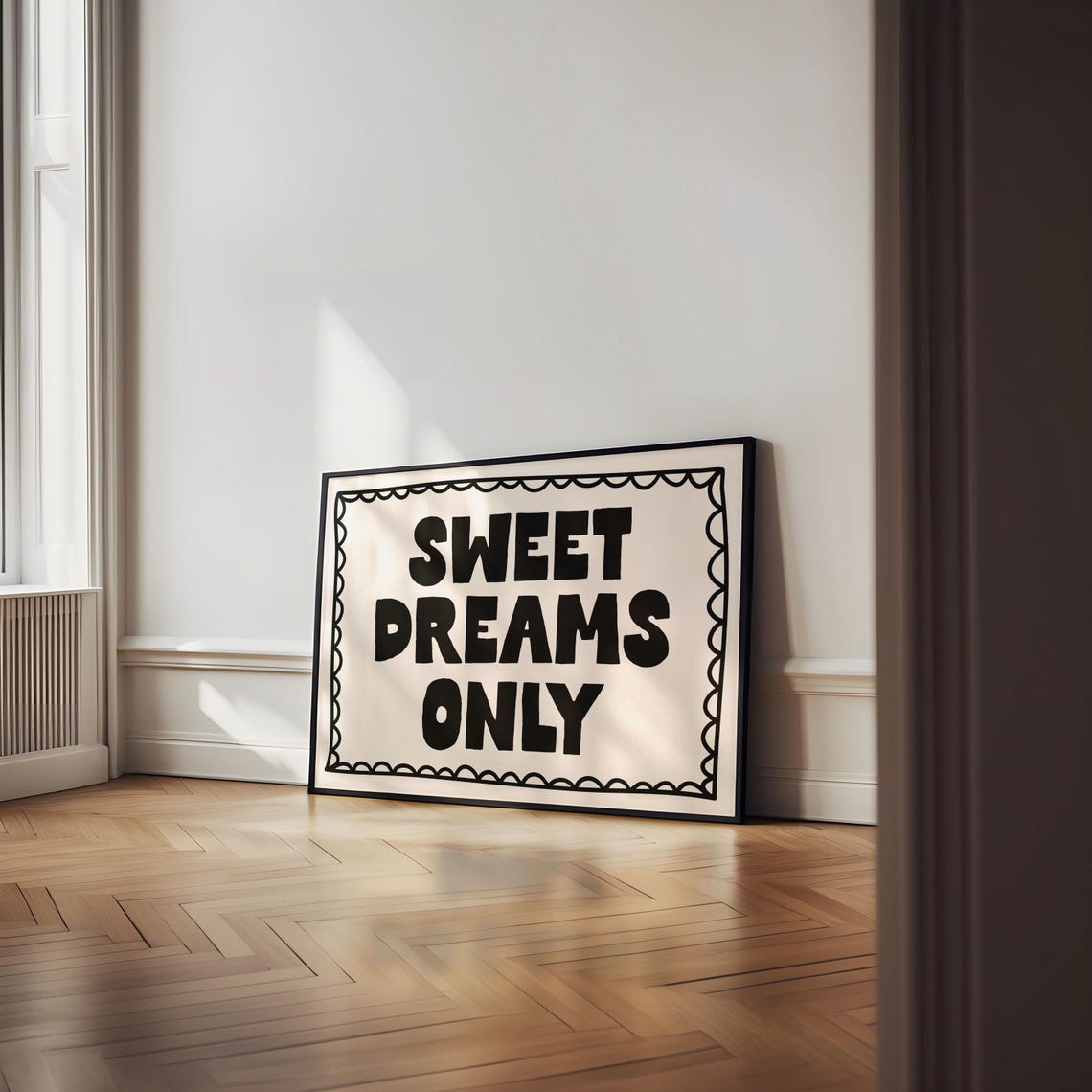 Sweet Dreams Only Bold Black Scalloped Border Neutral Quote Poster - Image 2