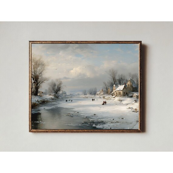 Dutch Style Winter Village Frozen River Figures Oil Painting Poster