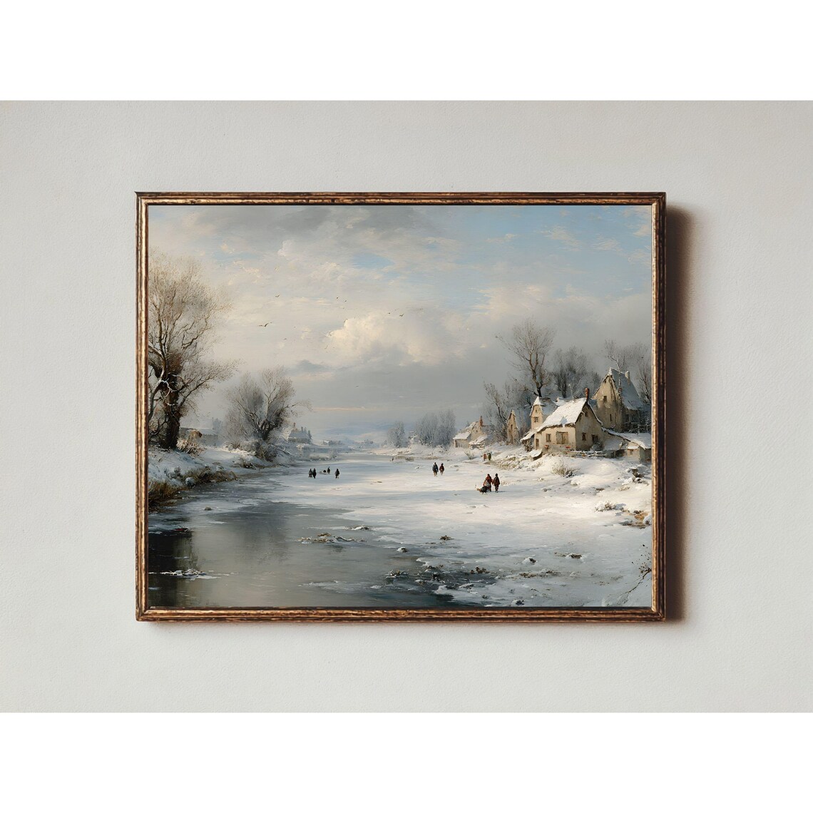 Dutch Style Winter Village Frozen River Figures Oil Painting Poster