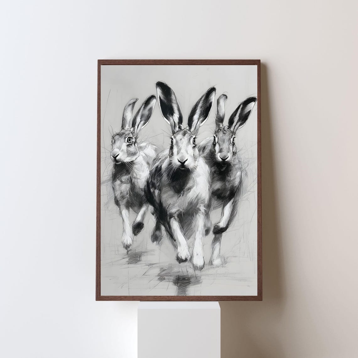 Three Running Hares Monochrome Charcoal Sketch Wildlife Poster