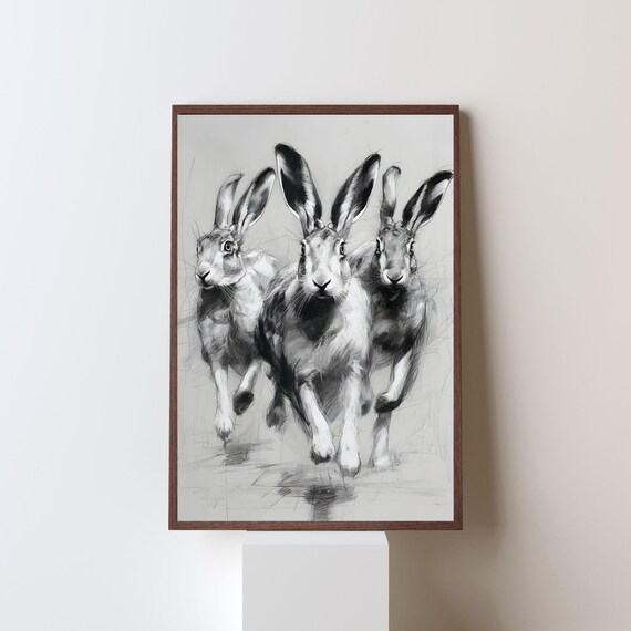 Three Running Hares Monochrome Charcoal Sketch Wildlife Poster