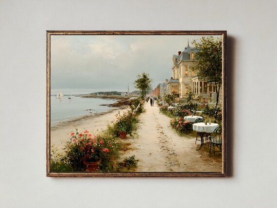 Vintage Seaside Cafe Oil Painting, Romantic Coastal Art Print