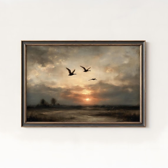 Vintage Flying Ducks Oil Painting Sunset Marsh Print Rustic Wildlife Decor 265