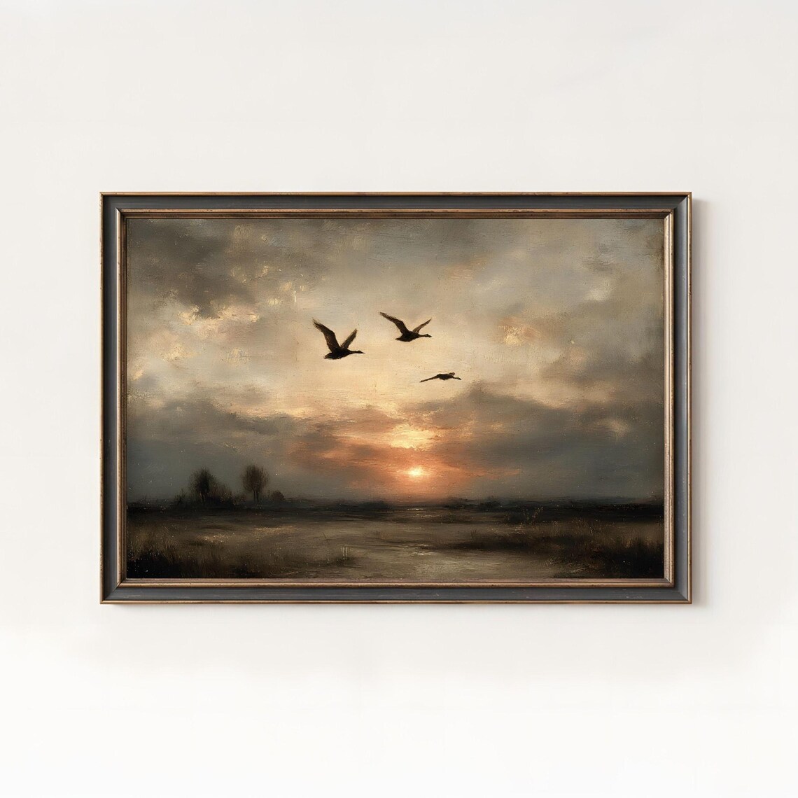 Vintage Ducks in Flight Over Marsh Sunset Moody Wildlife Painting Poster