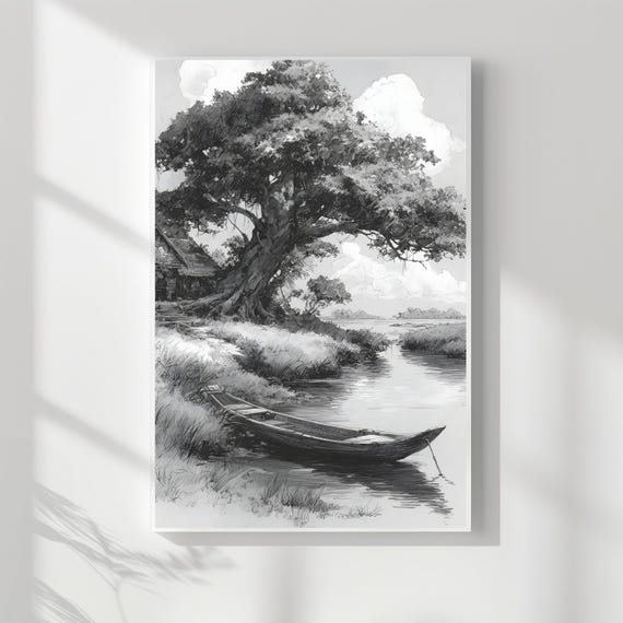 Vintage River Sketch Print Rustic Boat And Cottage 277