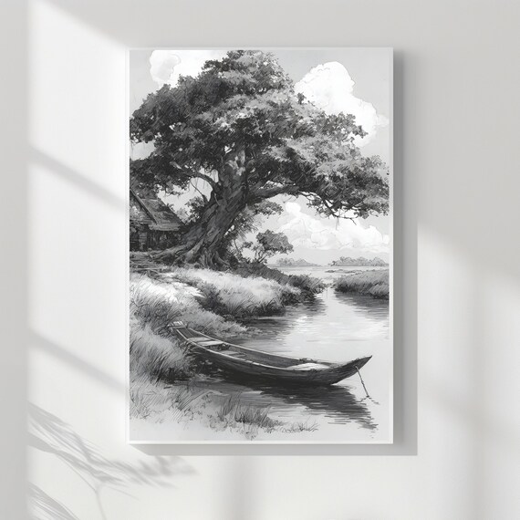 Vintage River Sketch Rustic Wooden Boat Old Tree Riverside Monochrome Poster