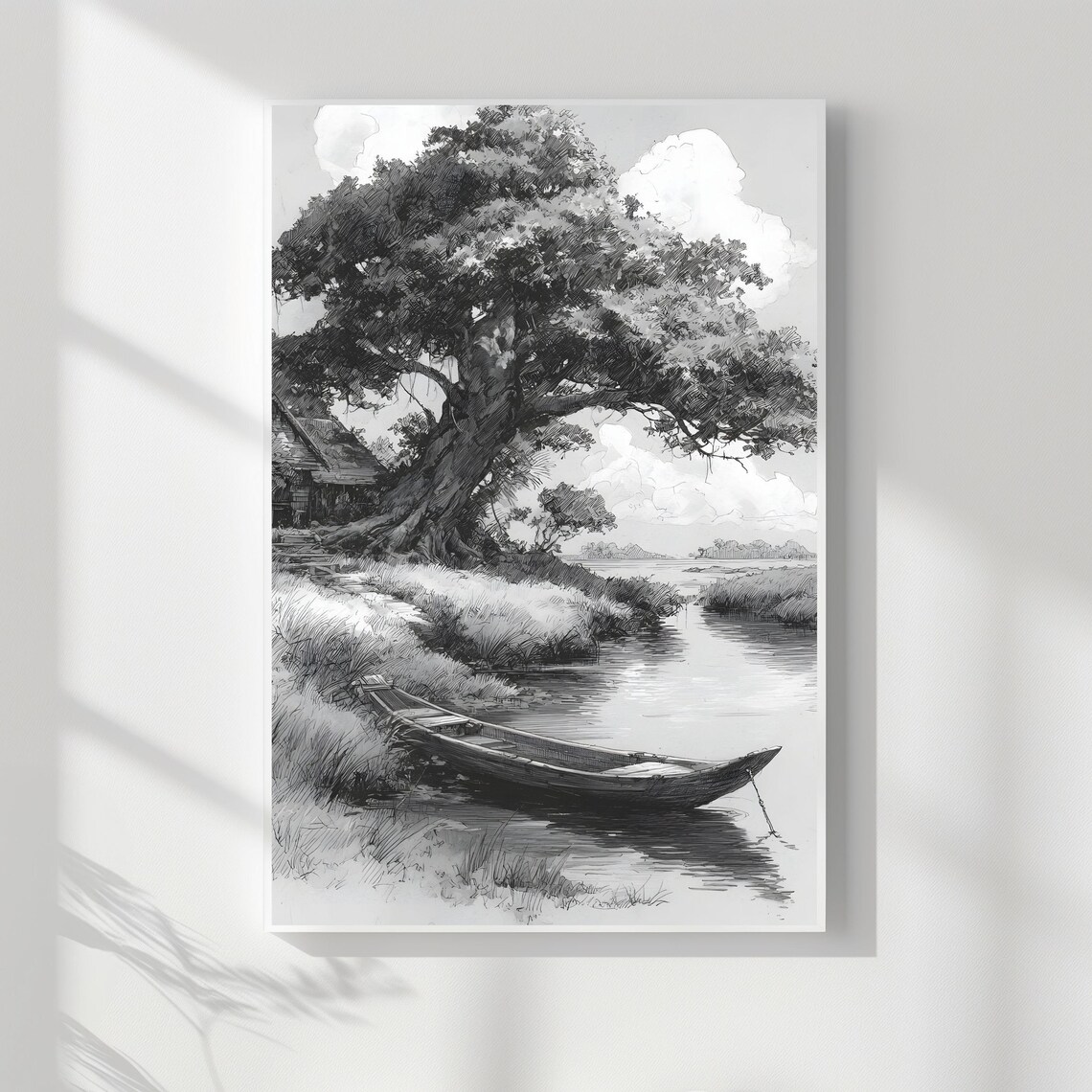 Vintage River Sketch Rustic Wooden Boat Old Tree Riverside Monochrome Poster