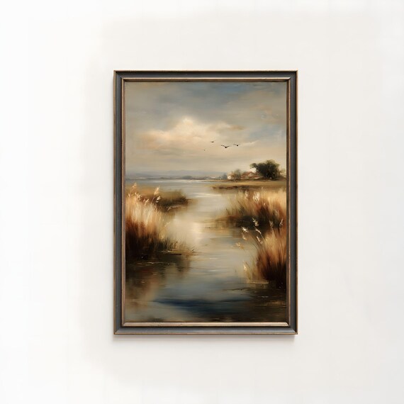 Rustic River Serene Nature Scene Oil Painting Countryside Landscape Wall Art 225