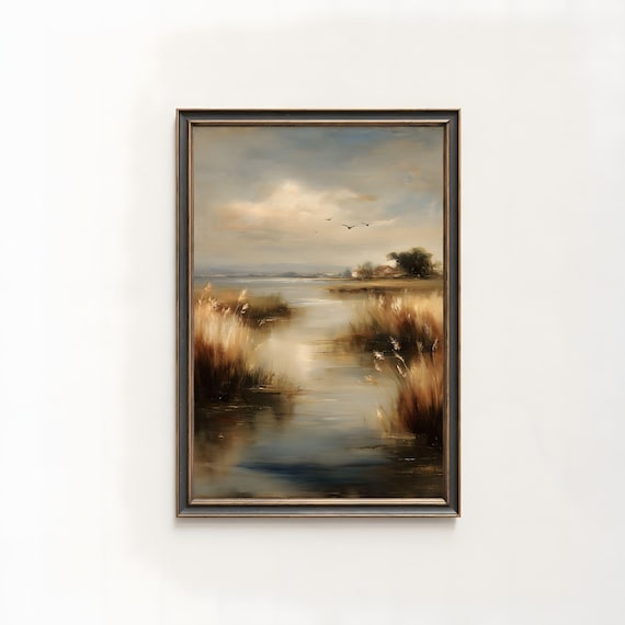 Rustic River Wetland With Golden Reeds Serene Landscape Oil Poster
