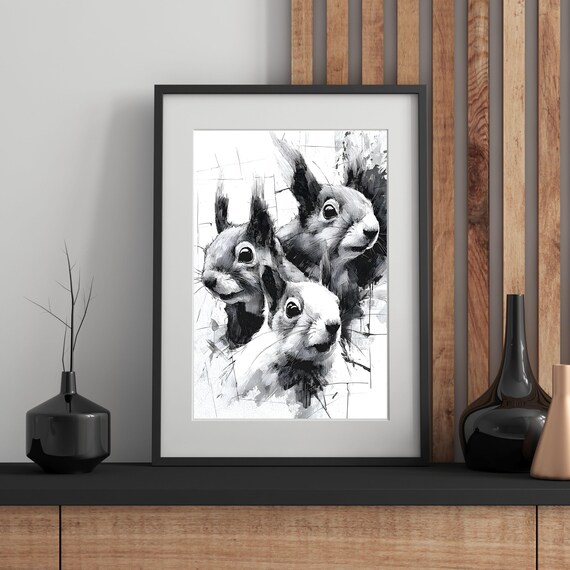 Three Squirrels Black and White Ink Sketch Woodland Animal Poster