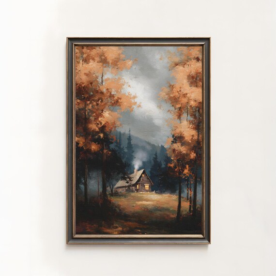 Vintage Hunters Cabin Oil Painting Print Rustic Autumn Landscape 279