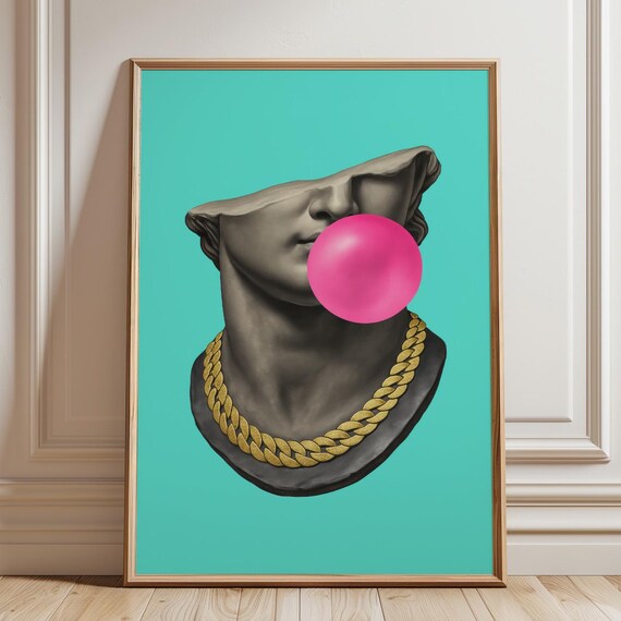 Mint Condition Greek Statue Bubblegum Wall Art Vaporwave Pop Poster Bold Modern Decor Pink Bubble Bust With Gold Chain Print