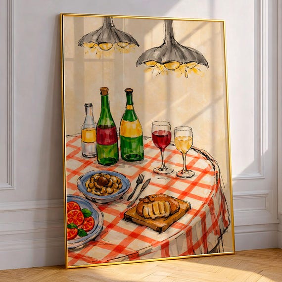 Italian Dinner Art Print Rustic Kitchen Wall Decor Red Checked Tablecloth Poster Wine And Pasta Watercolor Painting Cozy Dining Room Gift