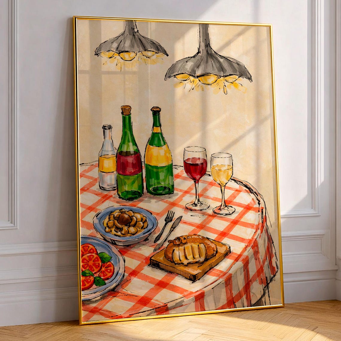 Italian Dinner Art Print Rustic Kitchen Wall Decor Red Checked Tablecloth Poster Wine And Pasta Watercolor Painting Cozy Dining Room Gift