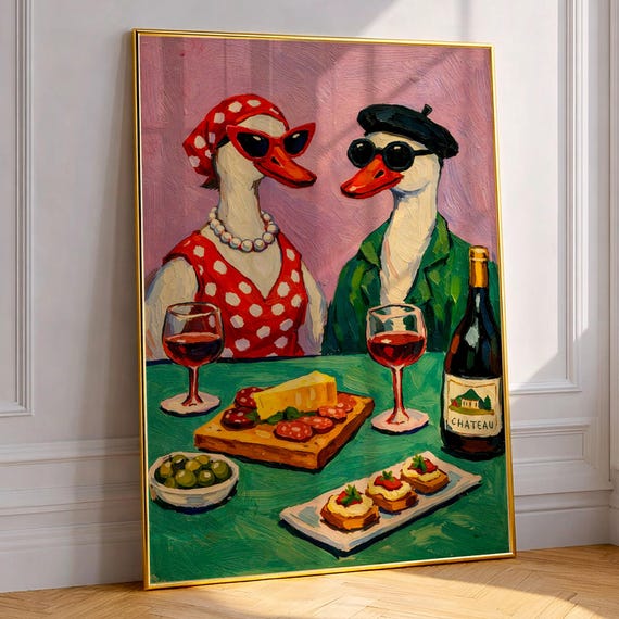 Funny Goose Wine Art Print Quirky French Duck Poster Eclectic Kitchen Wall Decor Oil Painting Animal Style Trendy Bar Cart Gift
